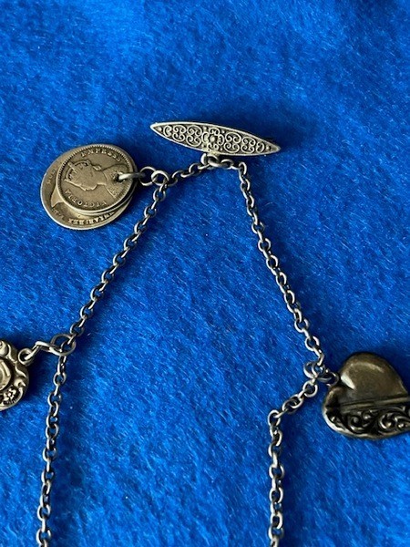 ANTIQUE STERLING ENGLISH COINS 1873 PUFFY HEARTS UNGER BROTHERS CHATELAINE PIN