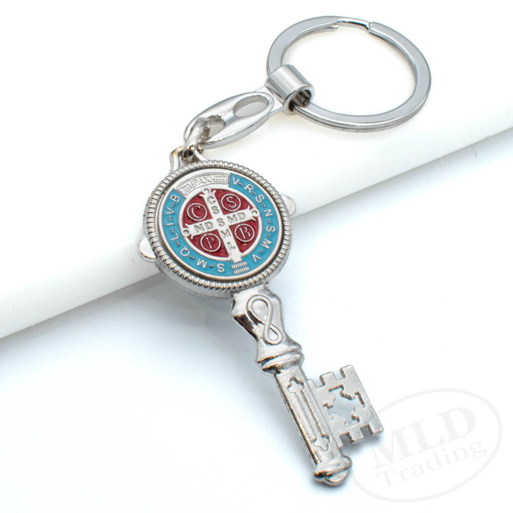 Saint St Benedict Key Shaped Medal Pendant Key Chain Silver & Blue - Religious