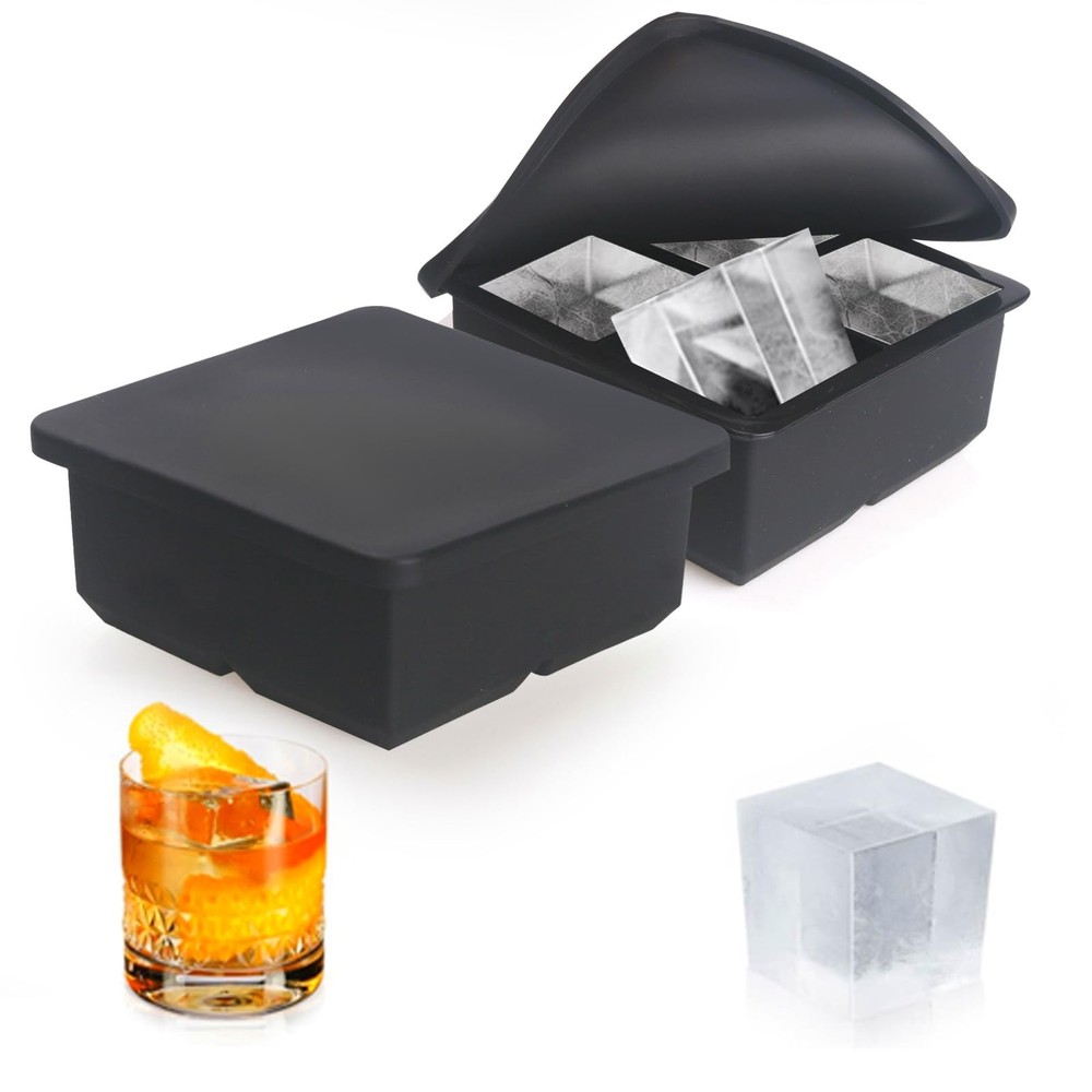 Large Silicone Ice Cube Tray with Lid (2.5-Inches), Stackable Square Ice Cube...