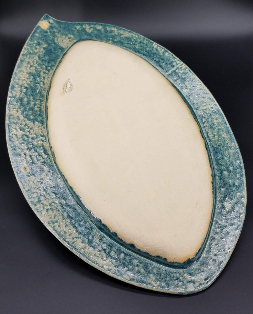 Handmade Studio Pottery Textured Blue Leaf Shaped Serving Plate Platter Tray EUC