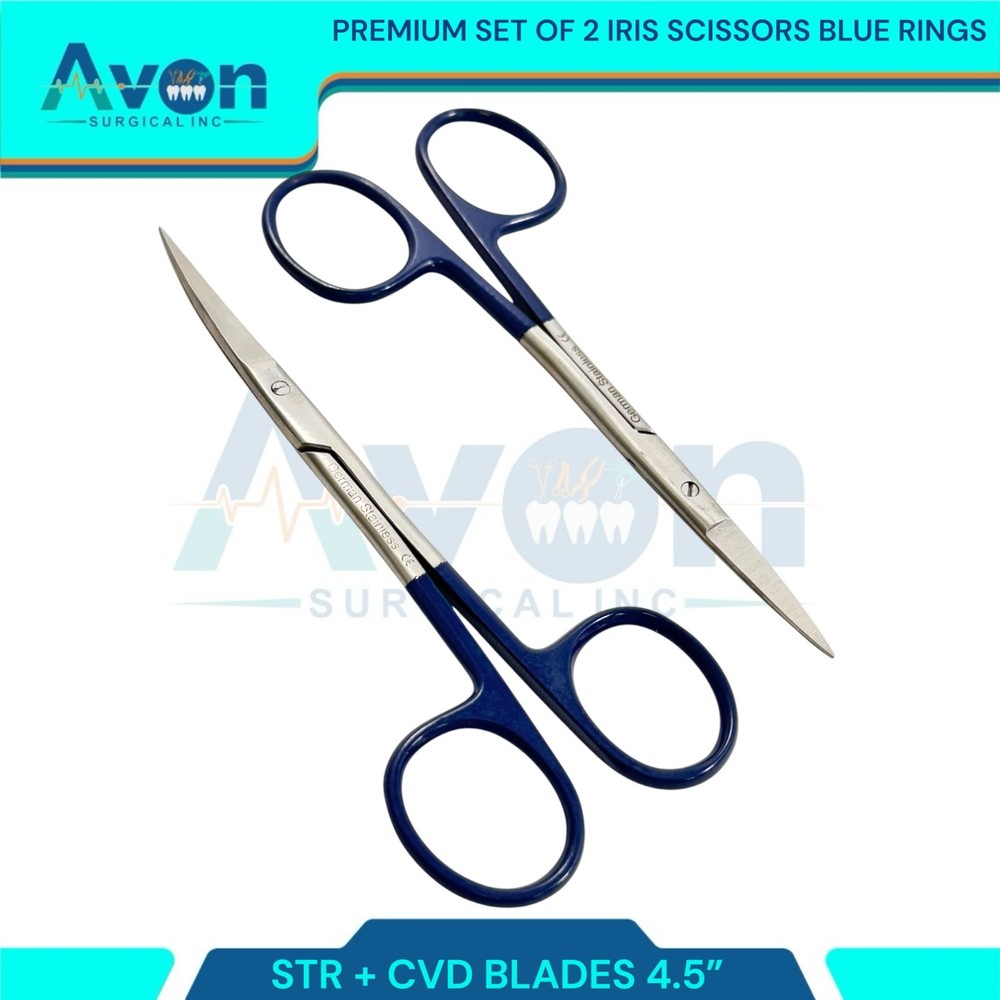 2pcs Premium Dissecting Iris Scissors with Sharp Points, Curved+Straight - 4.5in