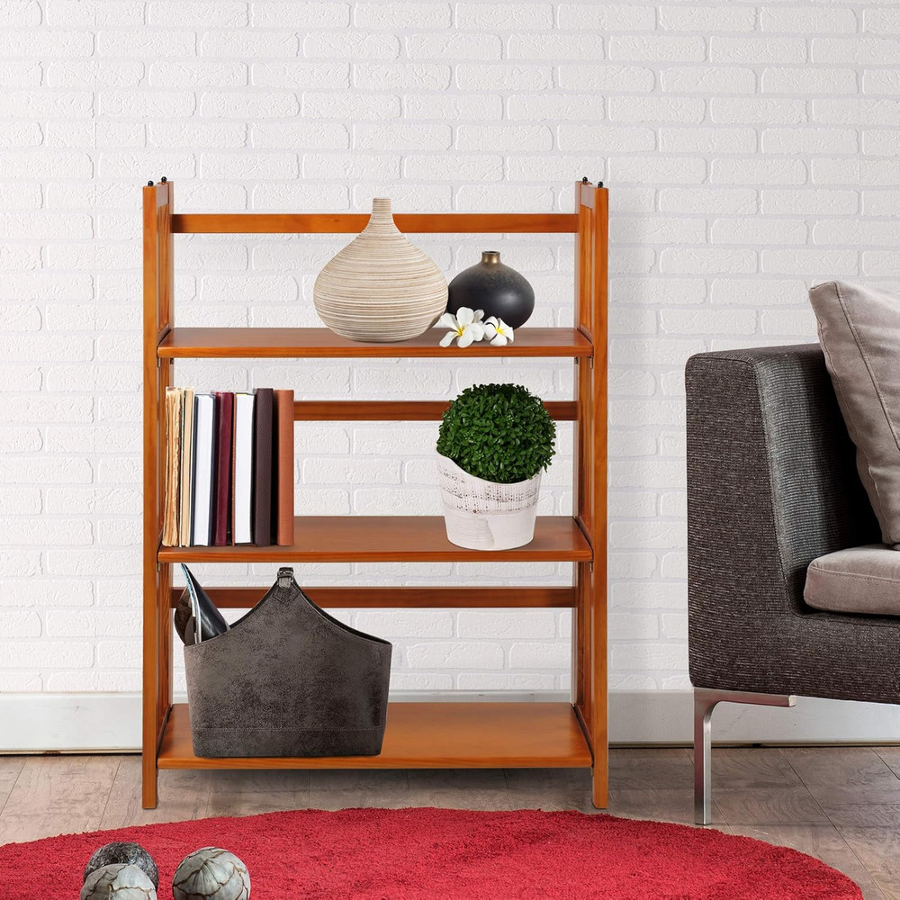 3-Shelf Folding Stackable Bookcase (27.5" Wide)-Honey Oak