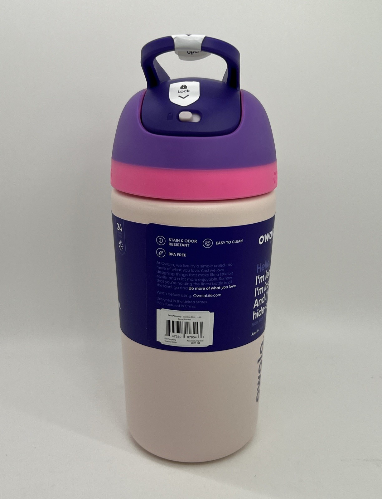 NWOB Owala Kids Flip Stainless Steel Water Bottle / 14oz /Color: Bunny Business