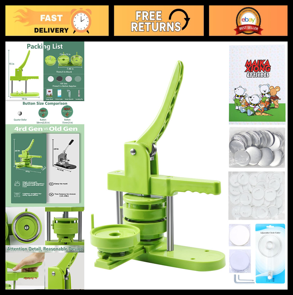 DIY 3" Button Maker Machine Kit - Press, 100pcs Parts, Circle Cutter & Magic Boo
