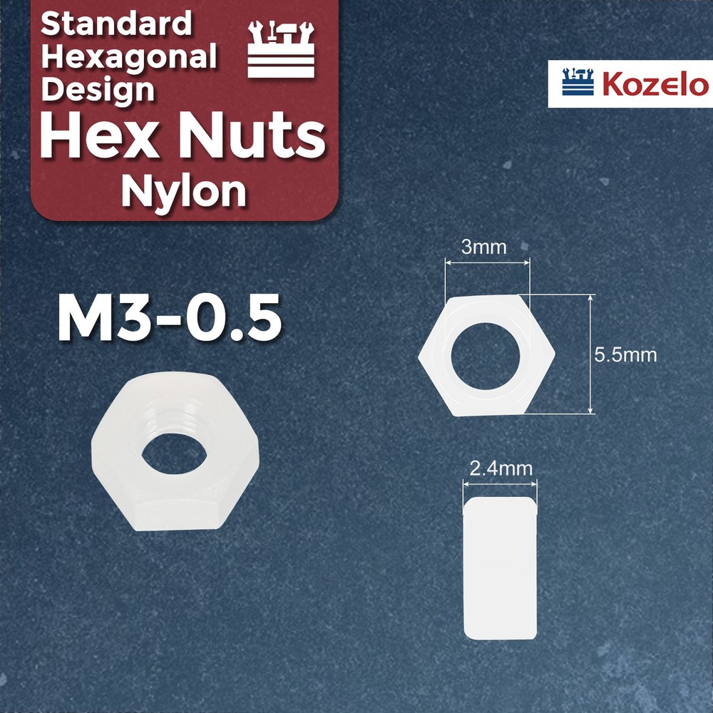 100pcs Hex Nuts - [M3-0.5] Nylon Hardware Nuts, White, UNC