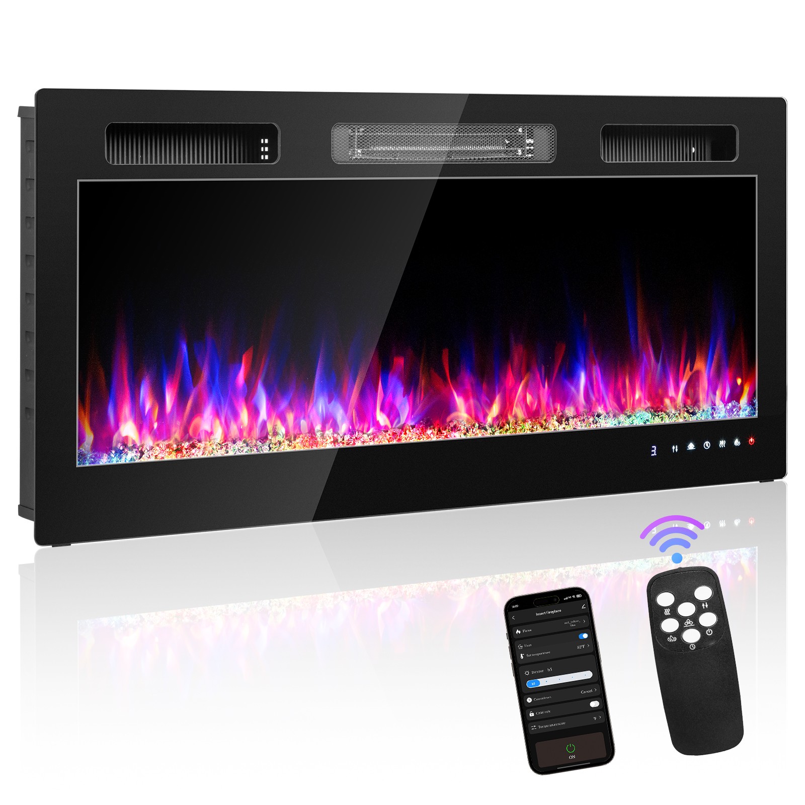 42'' WIFI Electric Fireplace 1500W Wall Mounted & Recessed Fireplace Heater