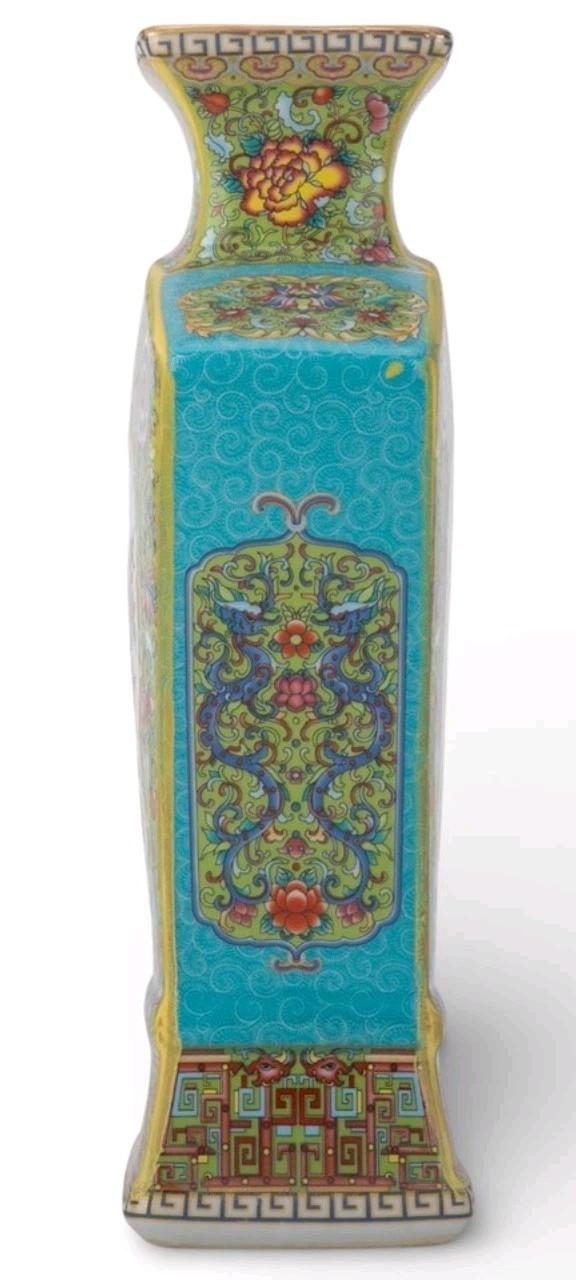 CHINESE GREEN FAN BIRDS FLORAL PORCELAIN PETITE VASE-10.25"H