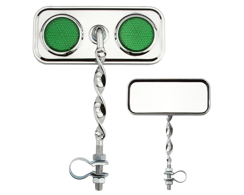 Bike Two Rectangle Flat Twisted Mirror Chrome Green Reflectors.