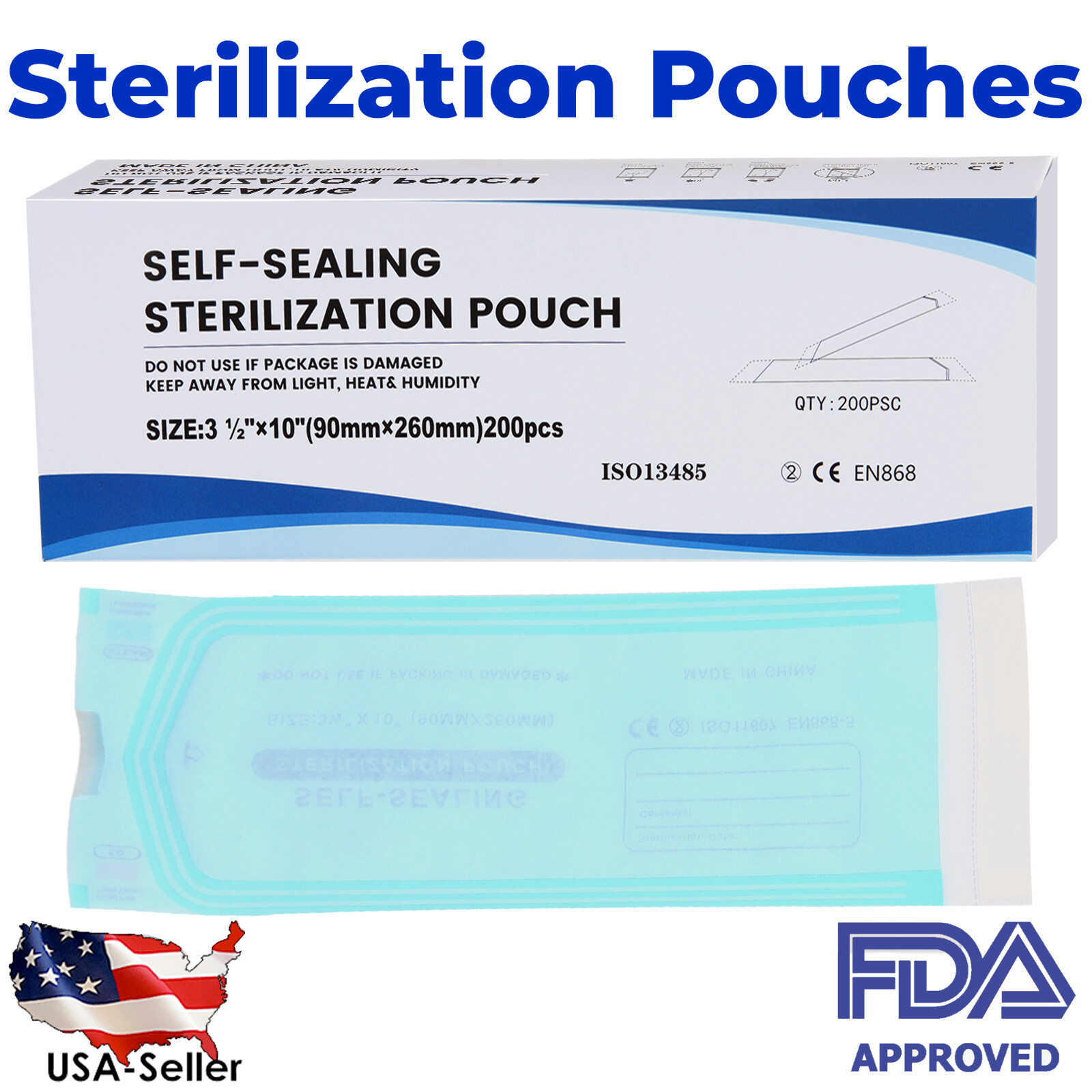 200 pcs 3.5" x 10" Self-Sealing Sterilization Pouches Sterilizer Bags Autoclave