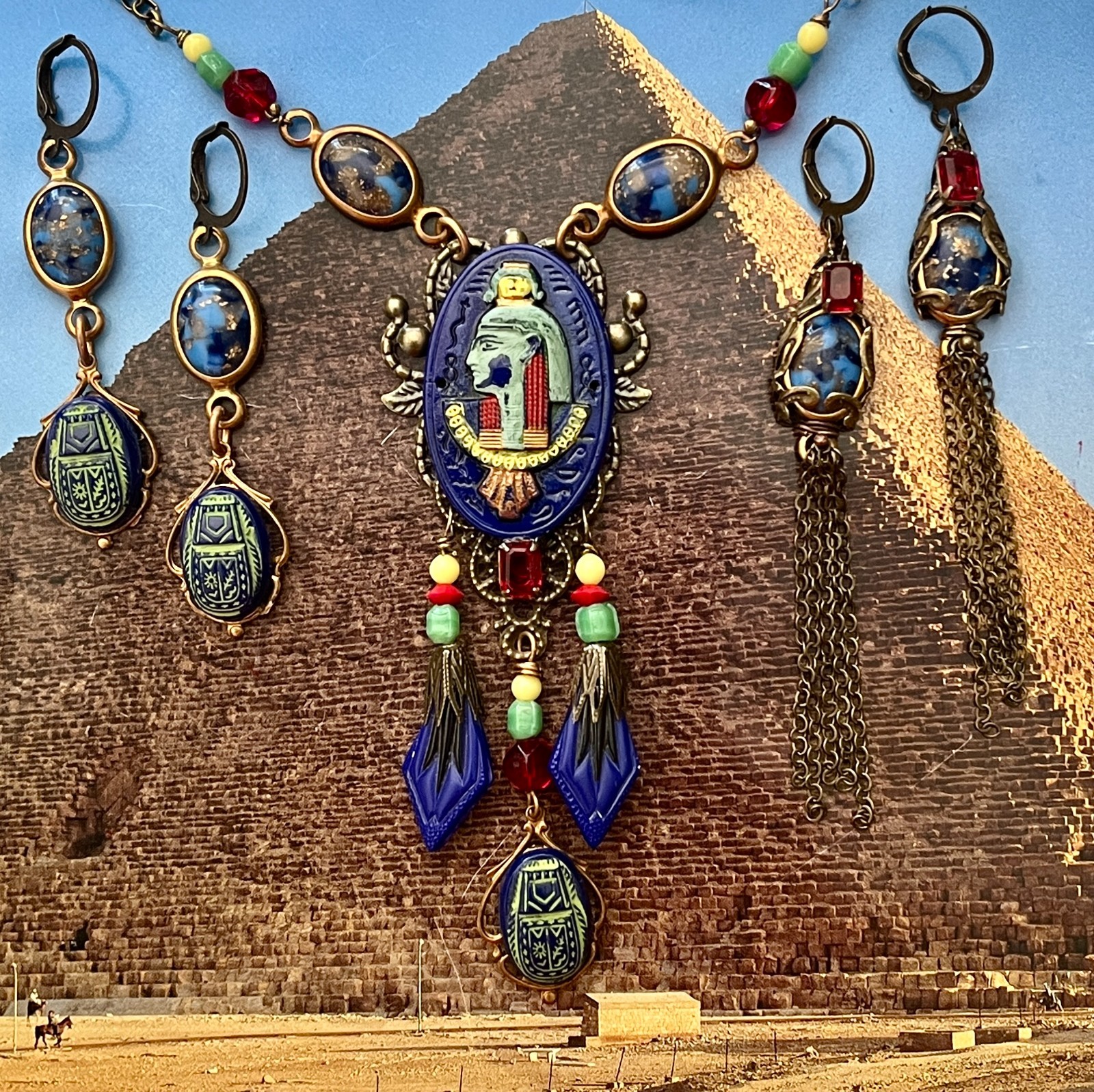 Deco Egyptian Revival Necklace Set, Neiger Style Pharaoh, Royal Blue, Red, Green