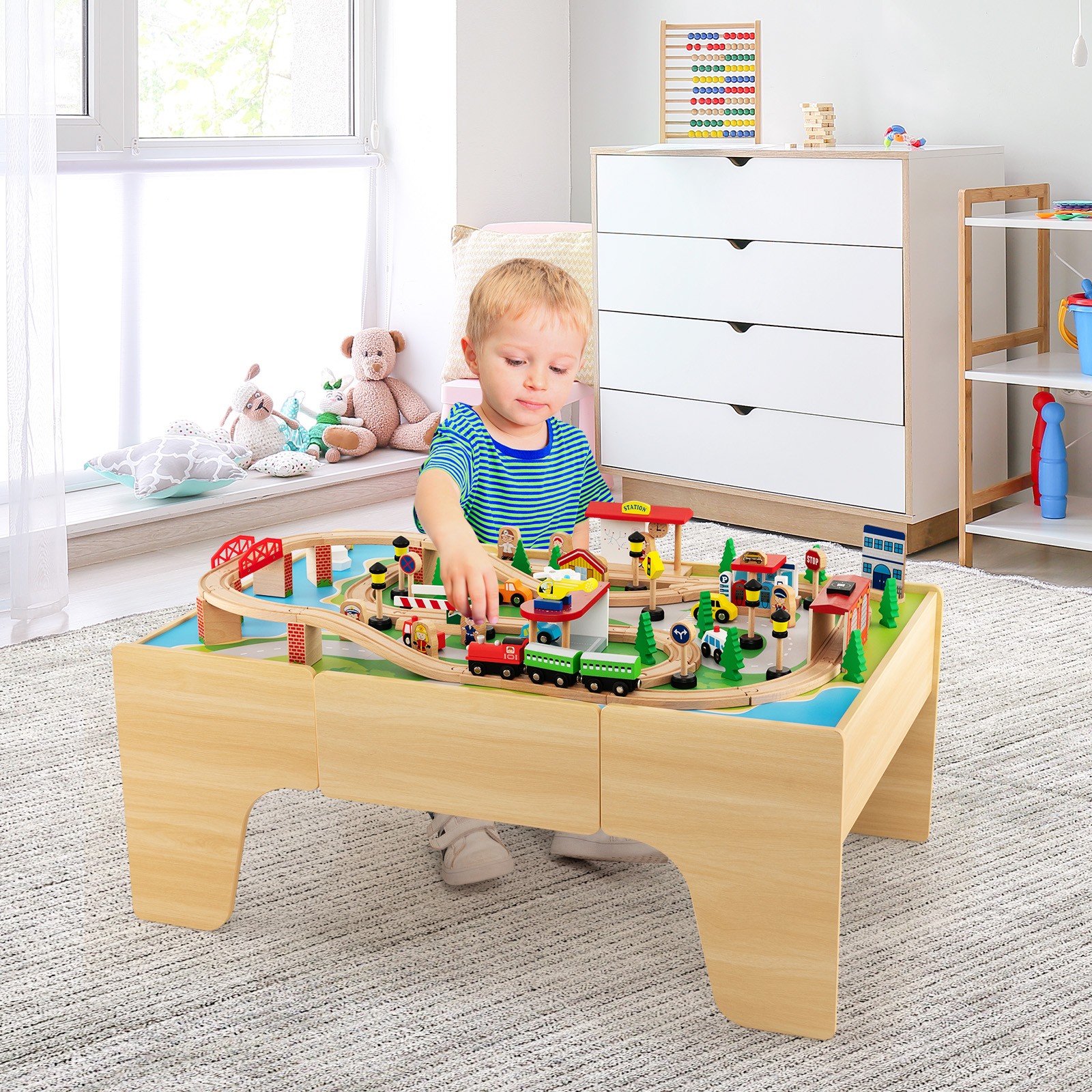 Kids Wooden Train Table Set 84 PCS Playset w/ Reversible Tabletop Storage Drawer