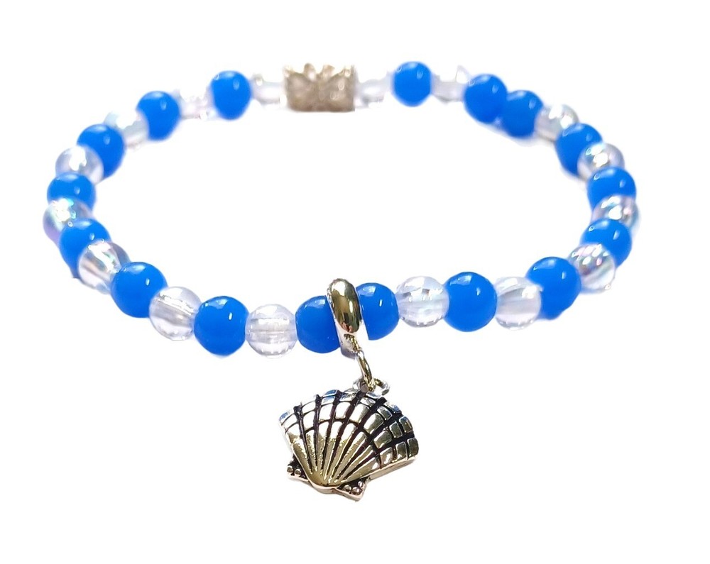 Blue and Clear Beaded Shell Bracelet-7.5 inch Stretchy