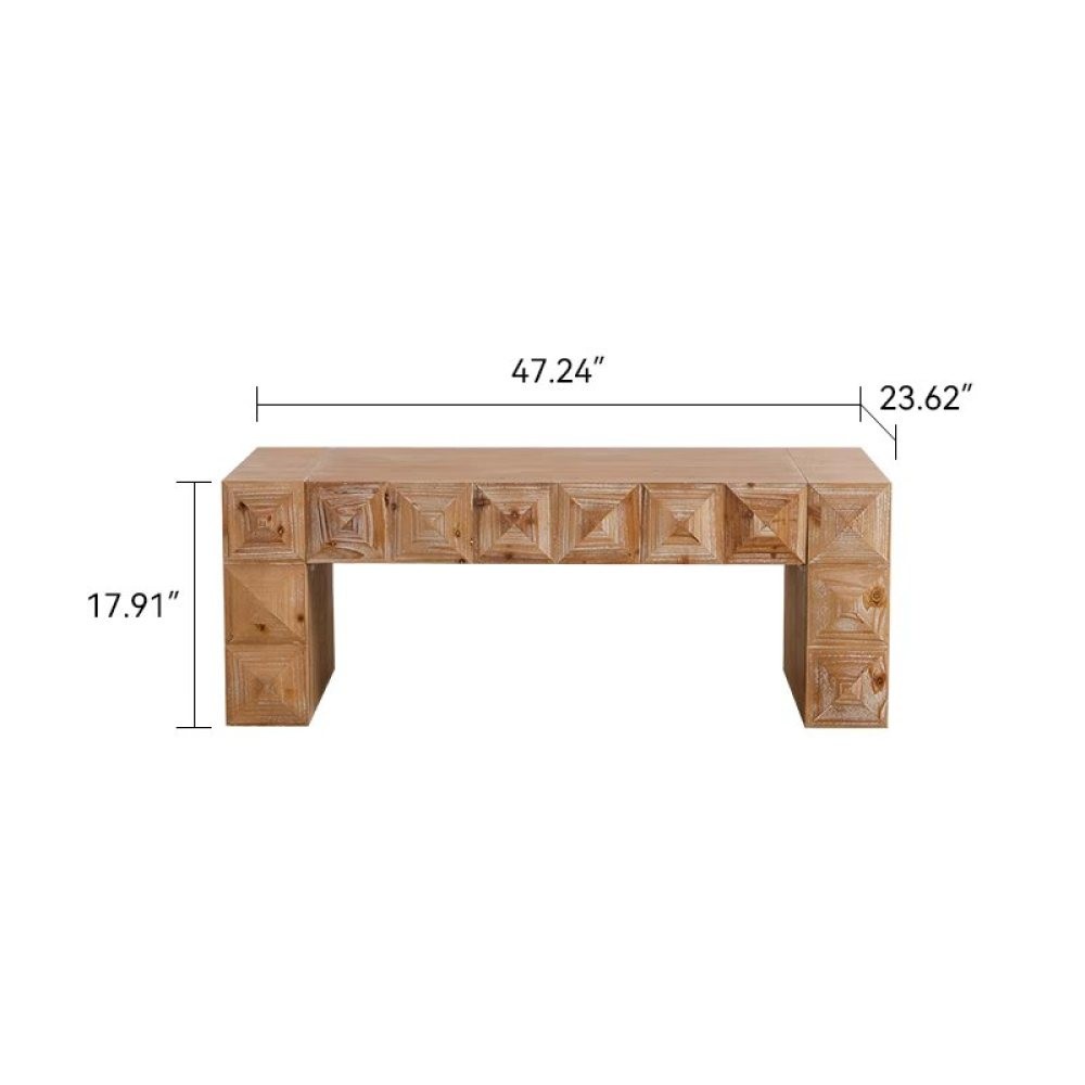 Rustic 3D Carved Geometric Relief Coffee Table, Solid Wood