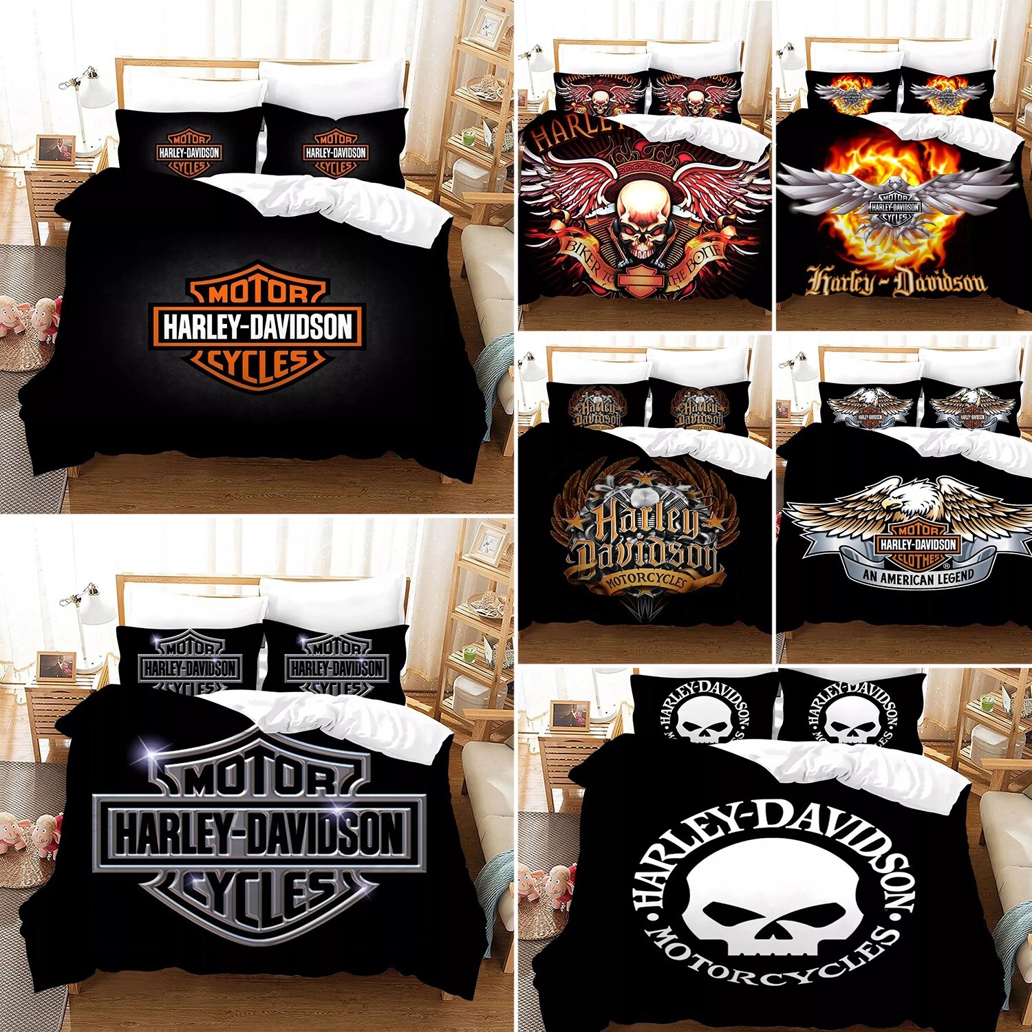 3D Black Harley-Davidson Motorcycle Quilt Cover Duvet Cover Comforter set