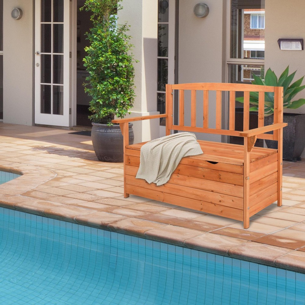 Yard Storage Bench Deck Box Wood Seating Container Tools Toys with Backrest