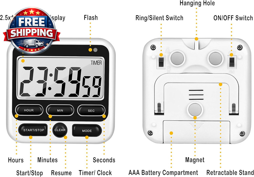 Versatile 12-Hour Digital Kitchen Timer with Mute/Loud Alarm Switch