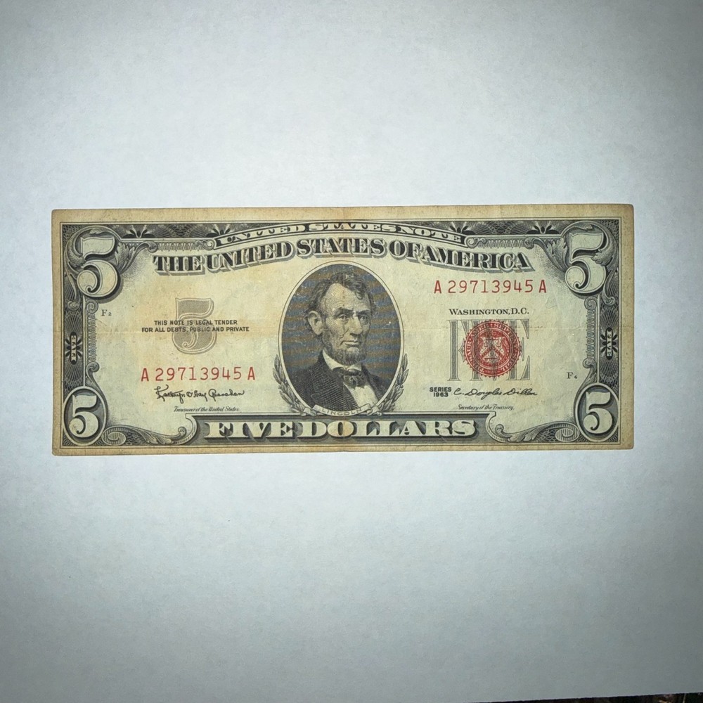 1963 US MINT FIVE DOLLAR NOTE RED INK SERIES IN THE 2s