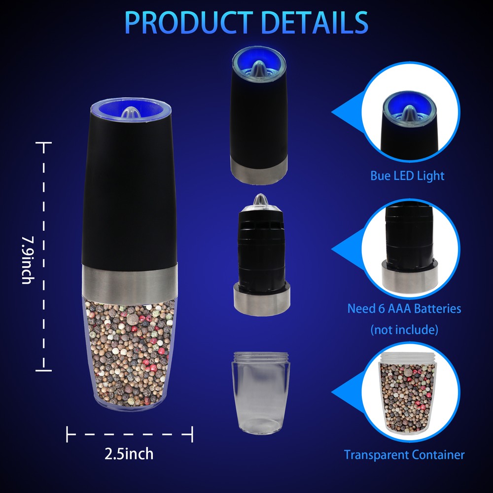 2 Pack Gravity Electric Salt and Pepper Grinder Mill Shaker Adjustable Automatic