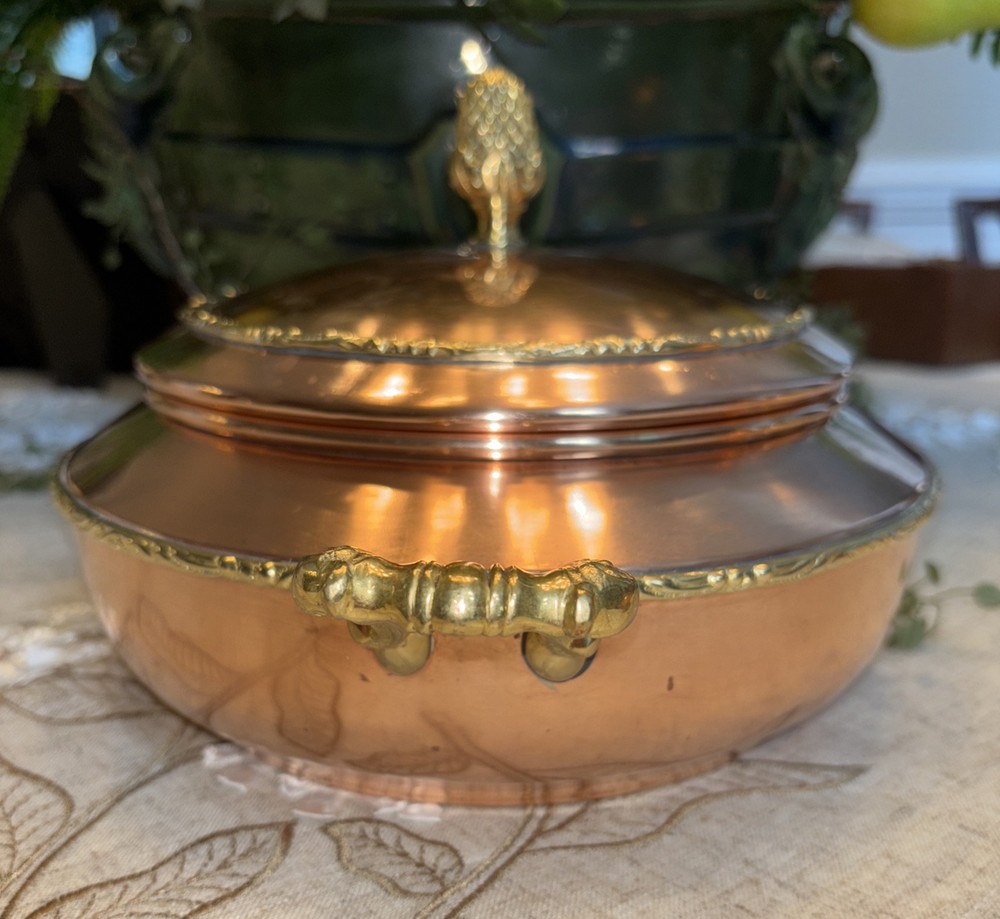Solid Copper Serving Dish w/ Brass Pinecone Finial/Handles~Preowned