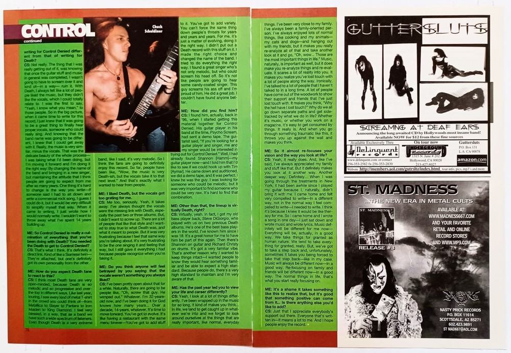 CONTROL DENIED CHUCK SCHULDINER INTERVIEW-2000 4PG MAG ARTICLE PINUP CLIPPING