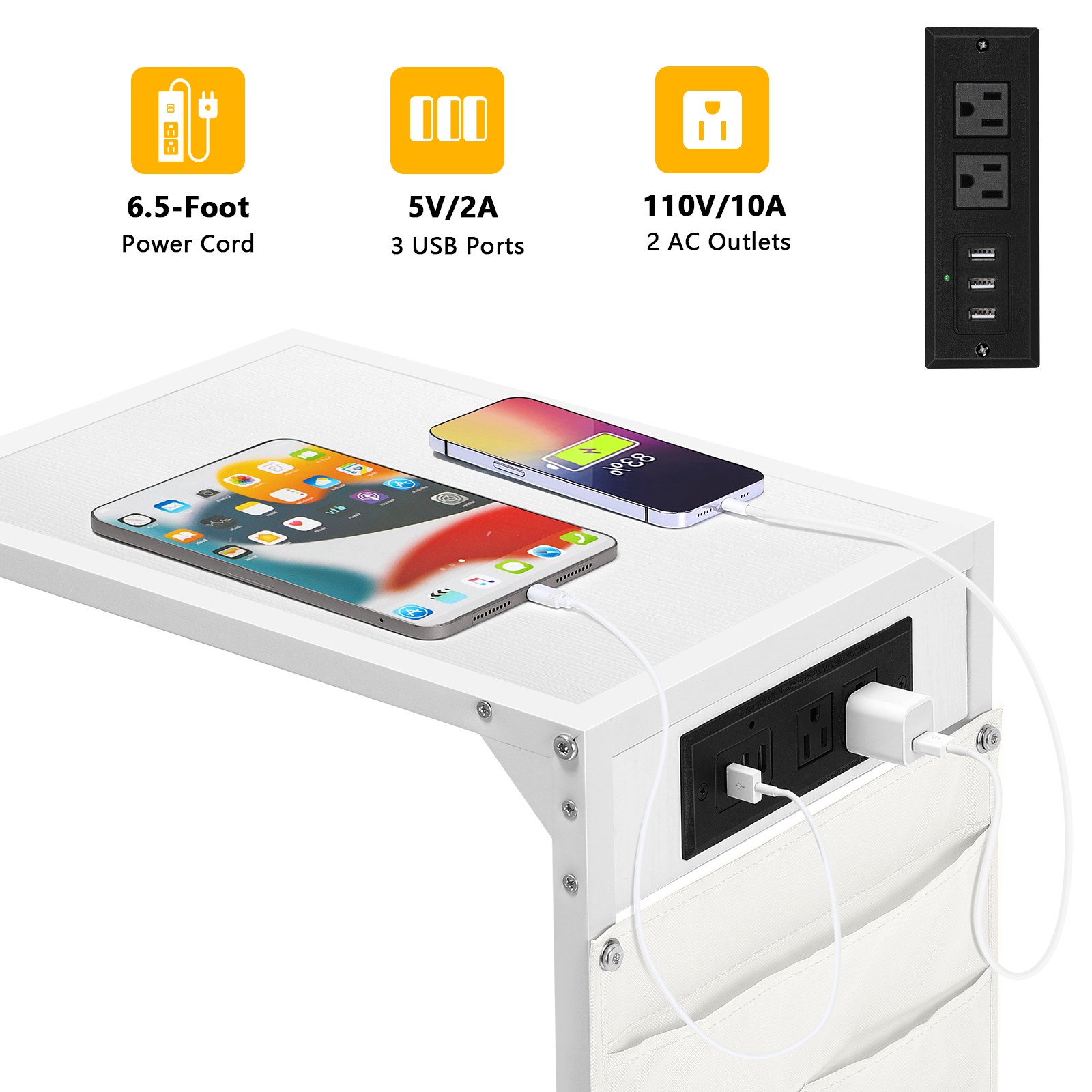 Set of 2 C Shaped End Table with Charging Station Storage Bag Couch Side Tables