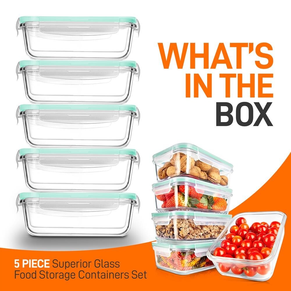 NutriChef 10-Pcs Superior Glass Food Storage Containers Set- Stackable Design