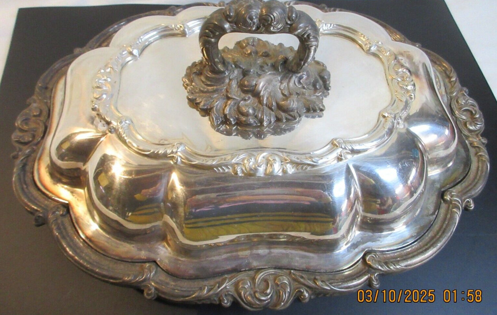 ANTIQUE~REPOUSSE~SILVER LIDDED WITH HANDLE SERVING DISH~~5.9 POUNDS