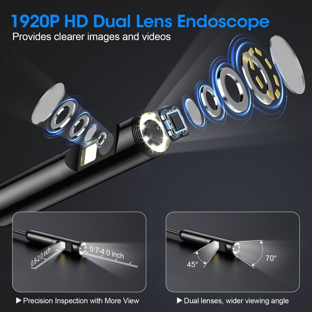 Endoscope with Light, 1920P HD Borescope 8 Adjustable LED Lights, black