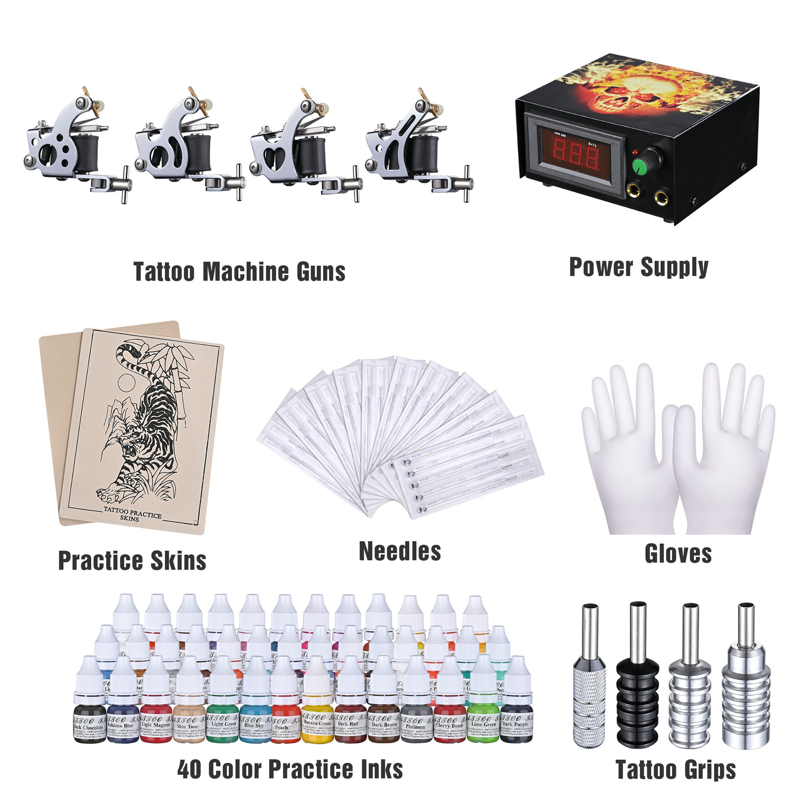Complete Tattoo Kit 4 Machine Gun 40 Ink LCD Power Supply Grips Tip Carring Case