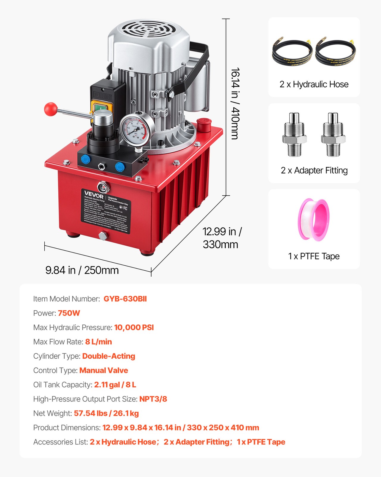 VEVOR Electric Hydraulic Pump 750W 10000 PSI Double Acting Hydraulic Power Unit