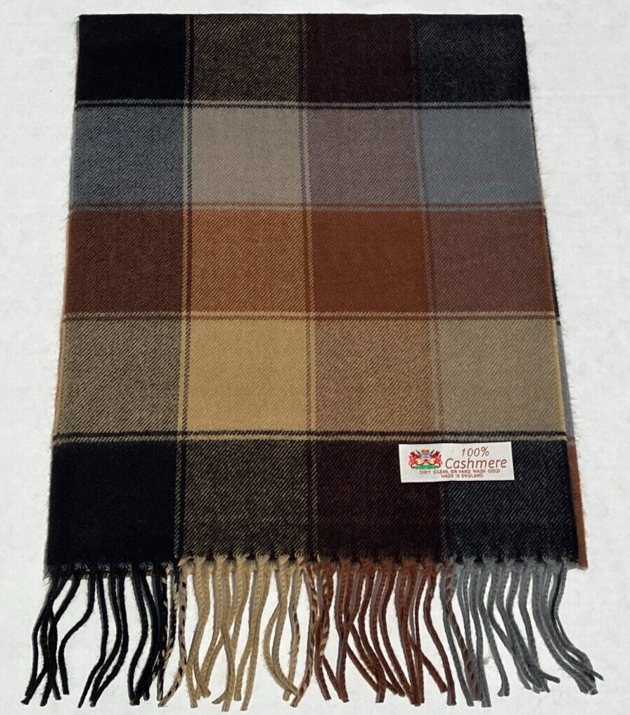 Men 100% CASHMERE SCARF Made in England Soft Wool Wrap Plaid Black / Gray /Brown