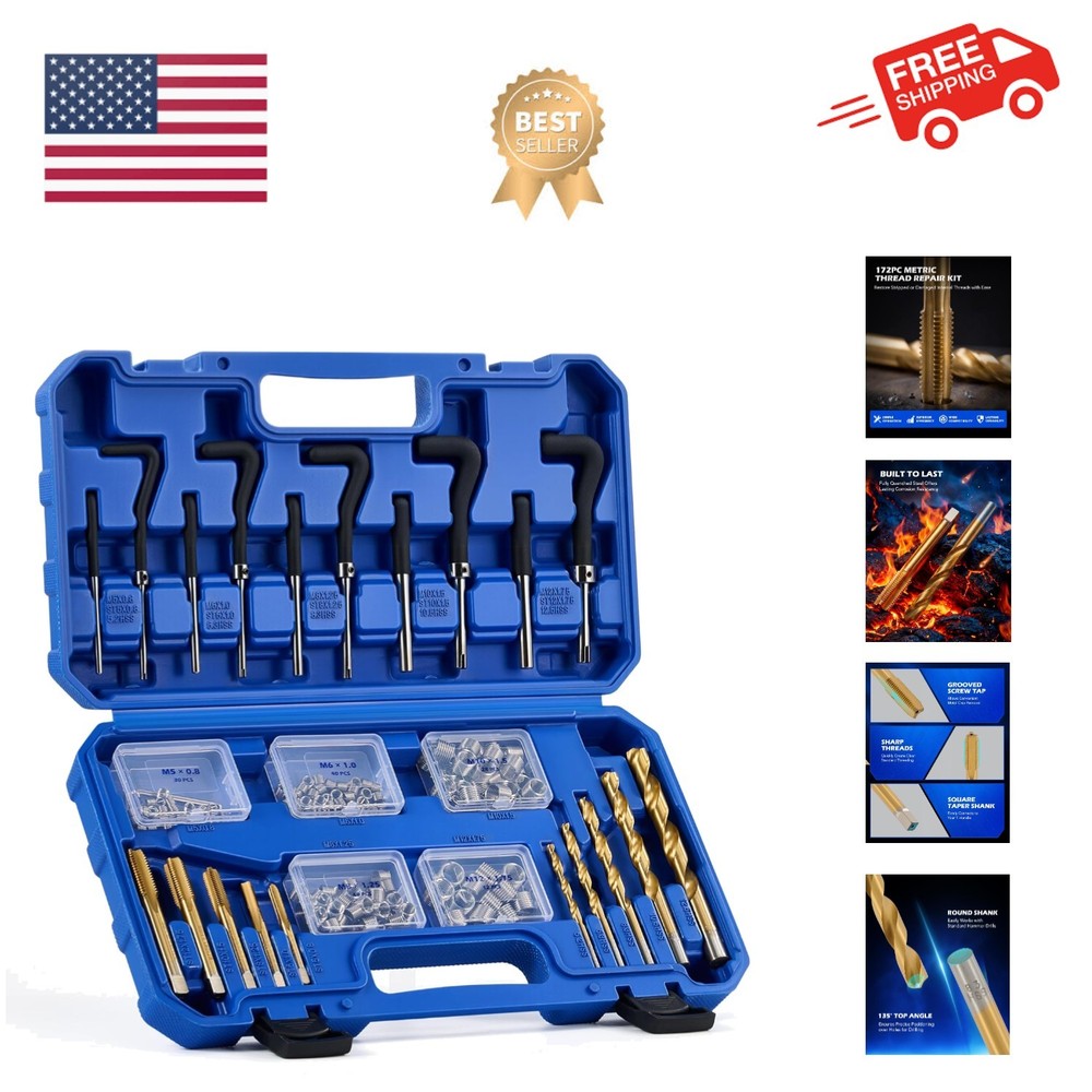 172pc Thread Repair Kit, Metric Thread Restorer Kit with HSS Drill Bits Taps ...