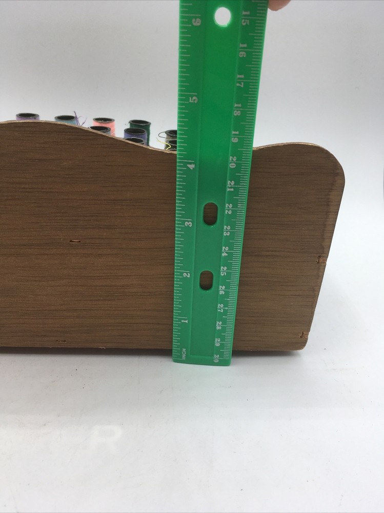vtg wood thread bobbin organizer sewing kit storage