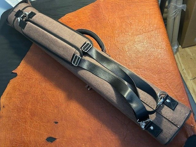 TNT 3x6 Brown Nylon Pool Cue Case. Blue interior. Back Pack Straps.