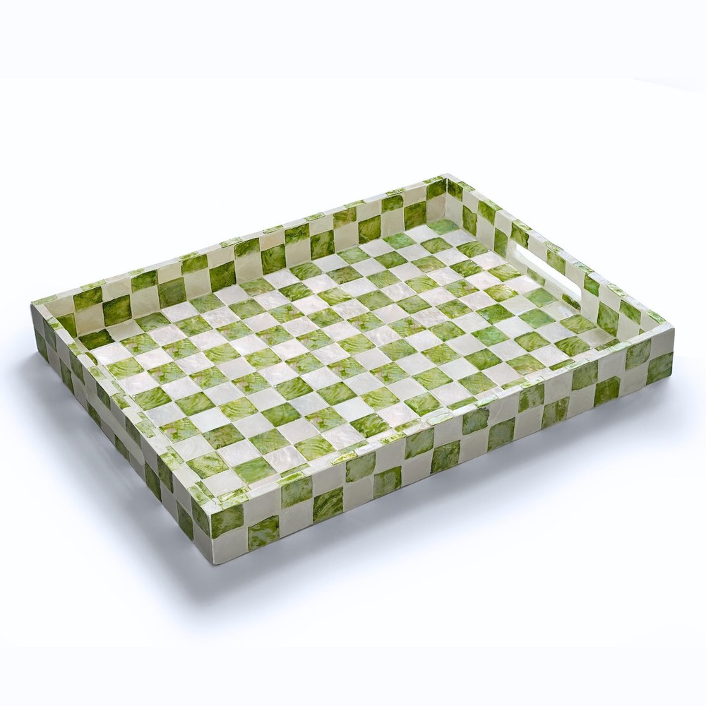 15.8" x 11.8" Decorative Rectangular Tray with Natural Capiz Shells, Checkere...