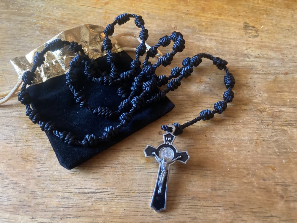 Rosary: Black Rope with St. Benedict Crucifix & Black Pouch