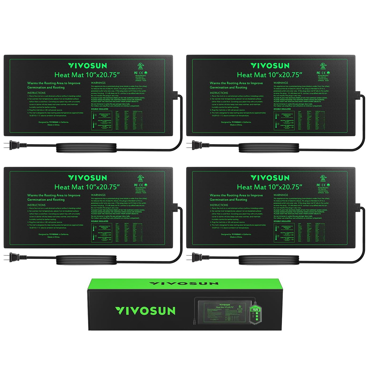 VIVOSUN  4-Pack Waterproof Seedling Heat Mat 10" x 20.75" UL & MET-Certified,20W
