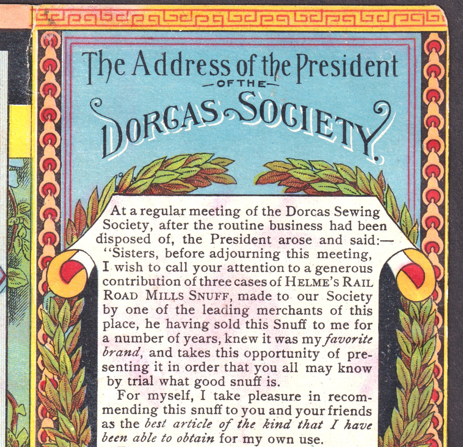 Railroad Snuff RARE 19th Century Tobacco Dorcas Sewing Society Helmes Trade Card
