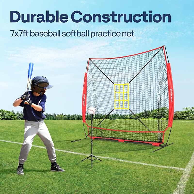 7x7 ft Baseball Softball Hitting Net with 2 Strike Zone, Batting Tee, Carry Bag