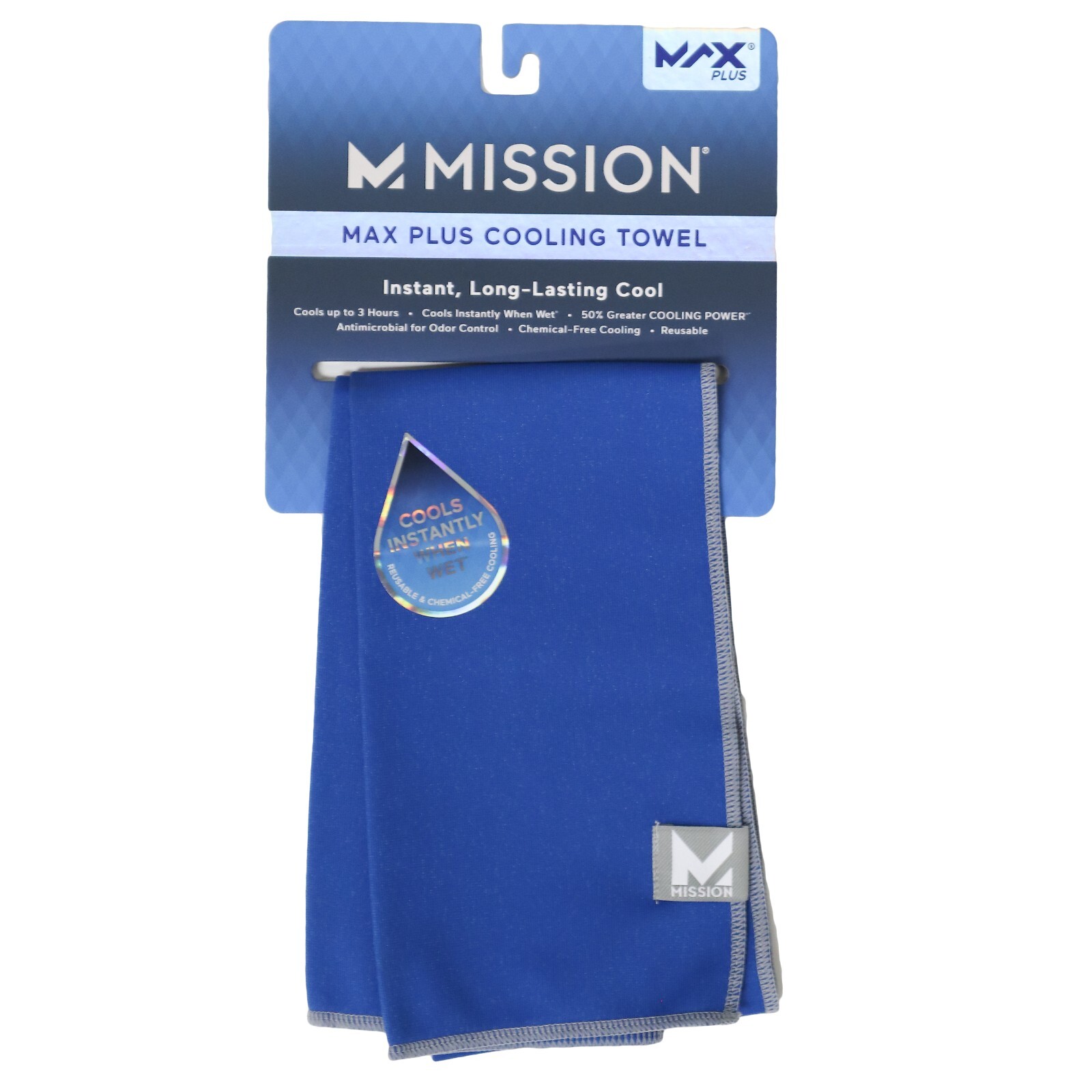 Mission Max Plus Blue Reusable Cooling Towel 9.5"x36" Wet Wring Snap UPF 50