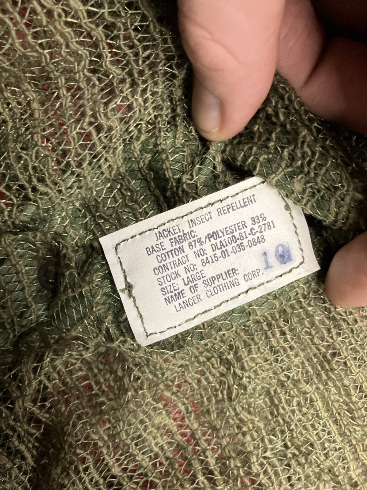 USGI Insect Repellent Jacket Lancer Clothing Corp.-LARGE