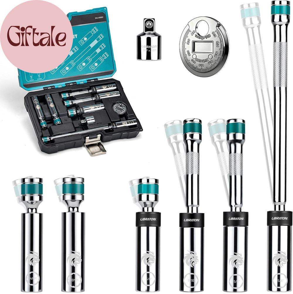 8PCS 3/8"Dr. Magnetic Spark Plug Socket Set, Include Gapper & Extension Bar, Swi