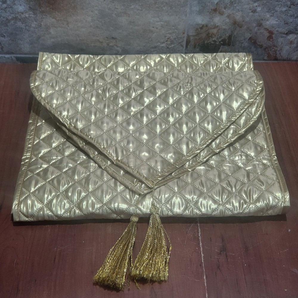 Gold Table Runner with Tassels 82 In Length Quilted Poly