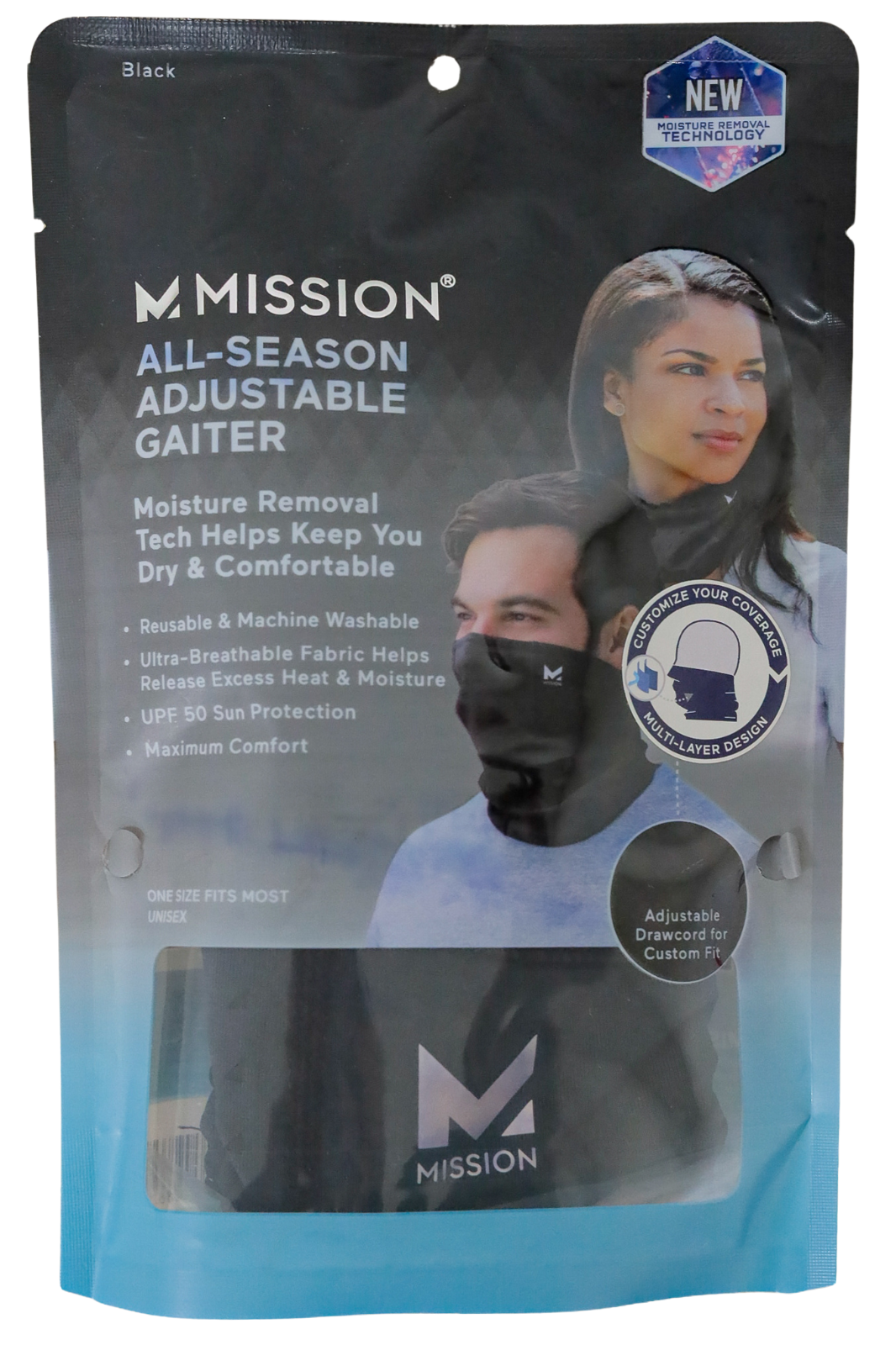 Mission All Season Adjustable Reusable Gaiter Black - Machine Washable, UPF 50