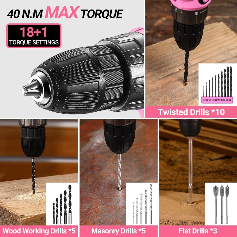 Pink Power Drill Tool Kit Set: 20V Cordless Electric Drill, Driver,