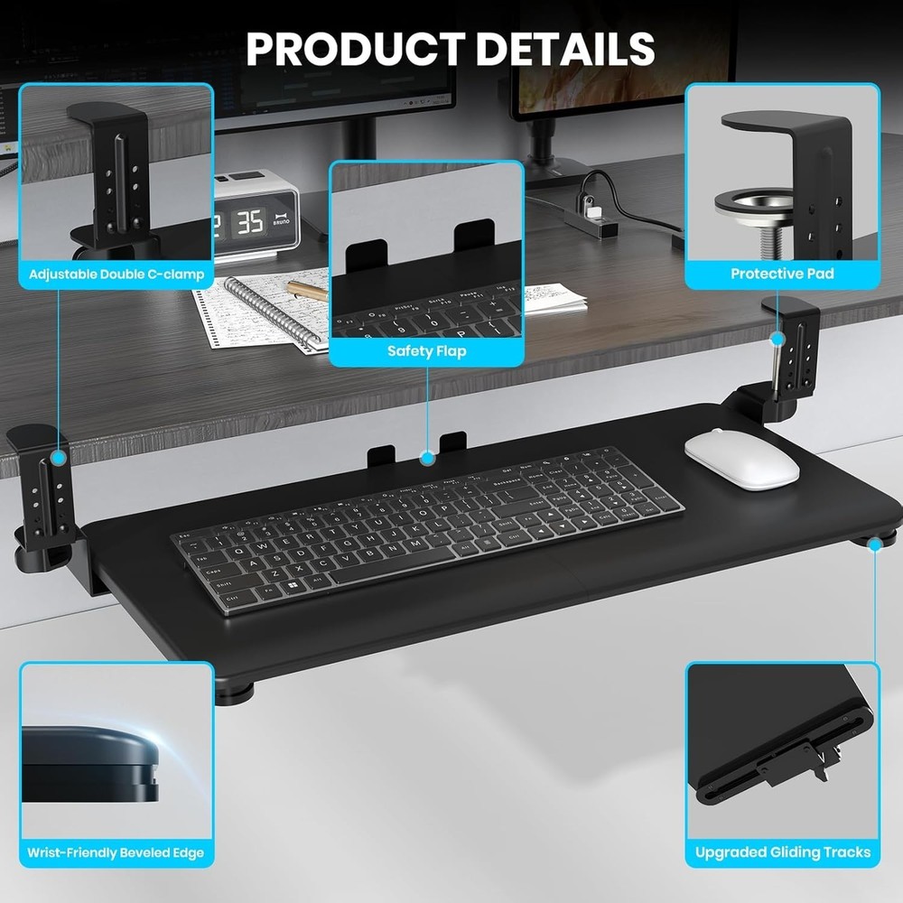 Keyboard Tray Under Desk, Pull Out Keyboard & Mouse Tray with Adjustable C-Clamp