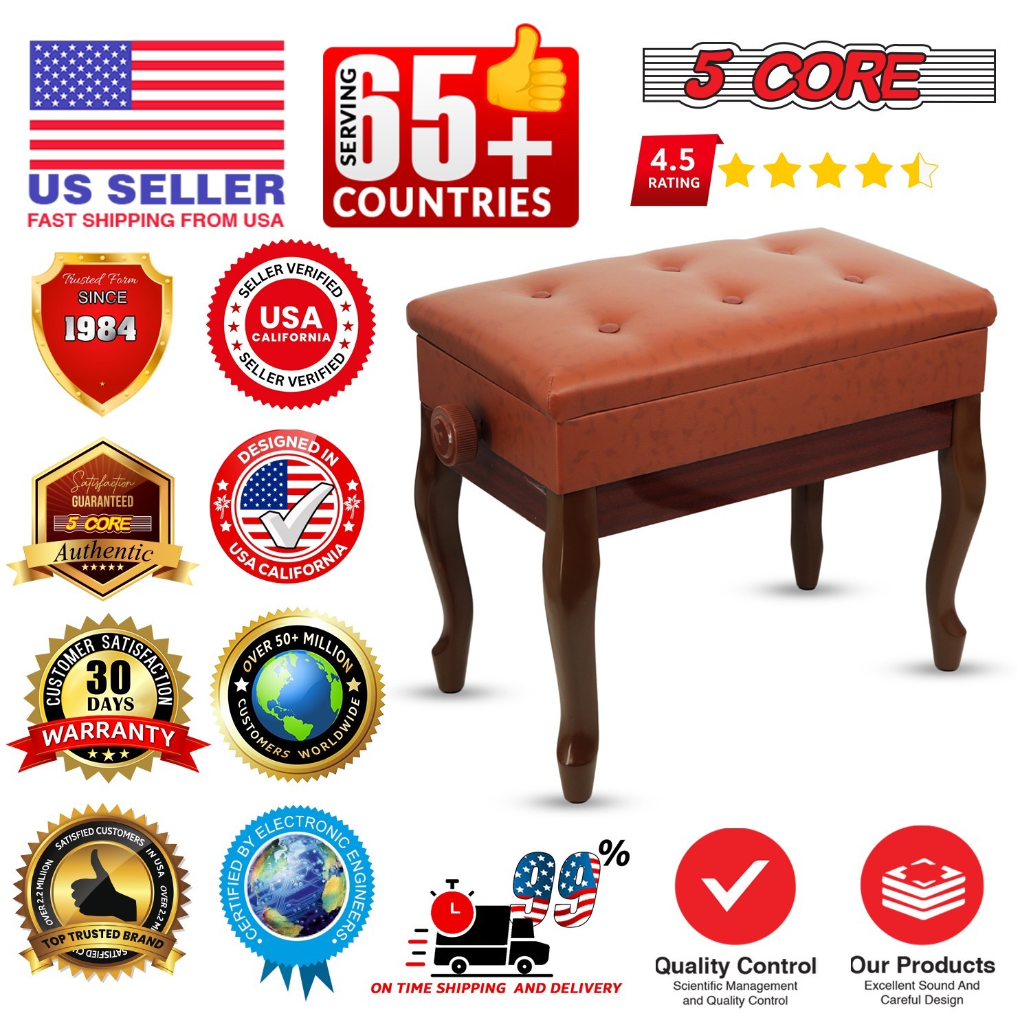 5 Core Piano Bench 3" Padded Cushioned Stool Wooden Heavy Duty Musician Chair