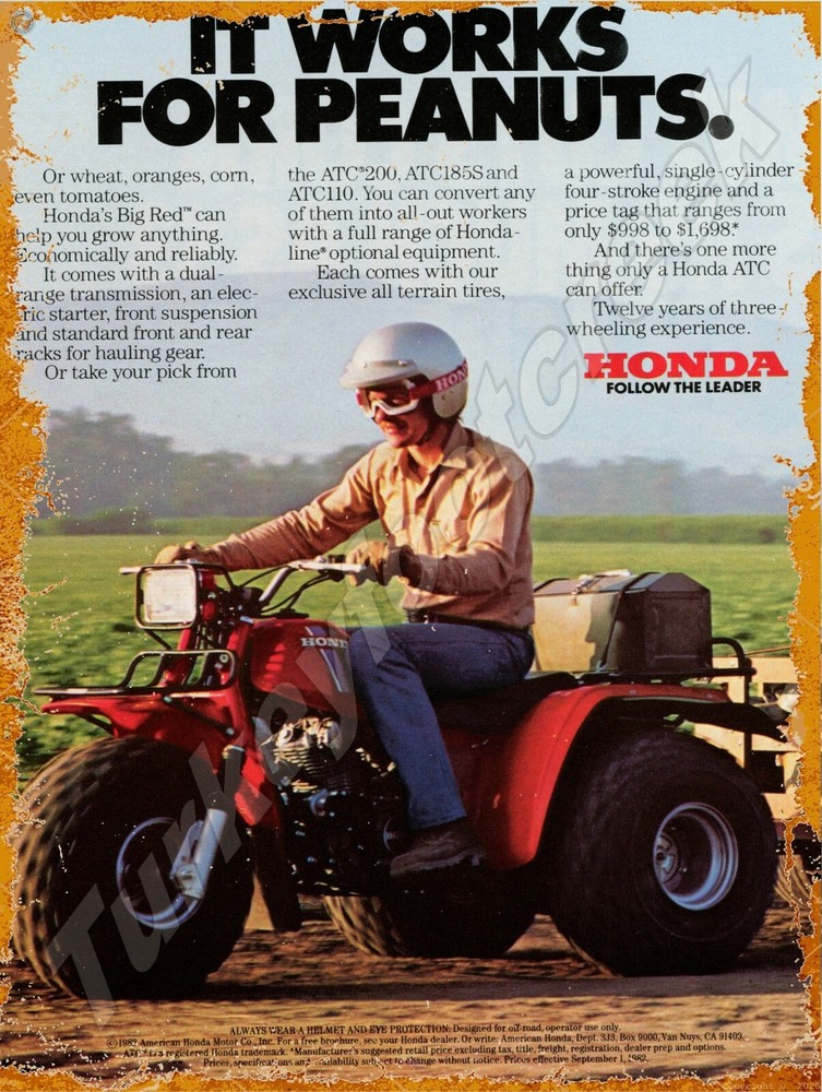 1982 Honda ATC Three Wheeler Ad 9" x 12" Metal Sign