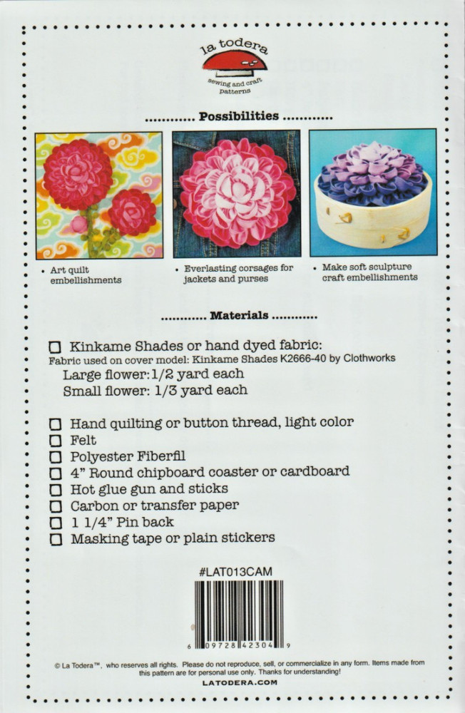 3 Sizes Camelia Gigantus Brooch - SEWING PATTERN - Embellish & Accessorize