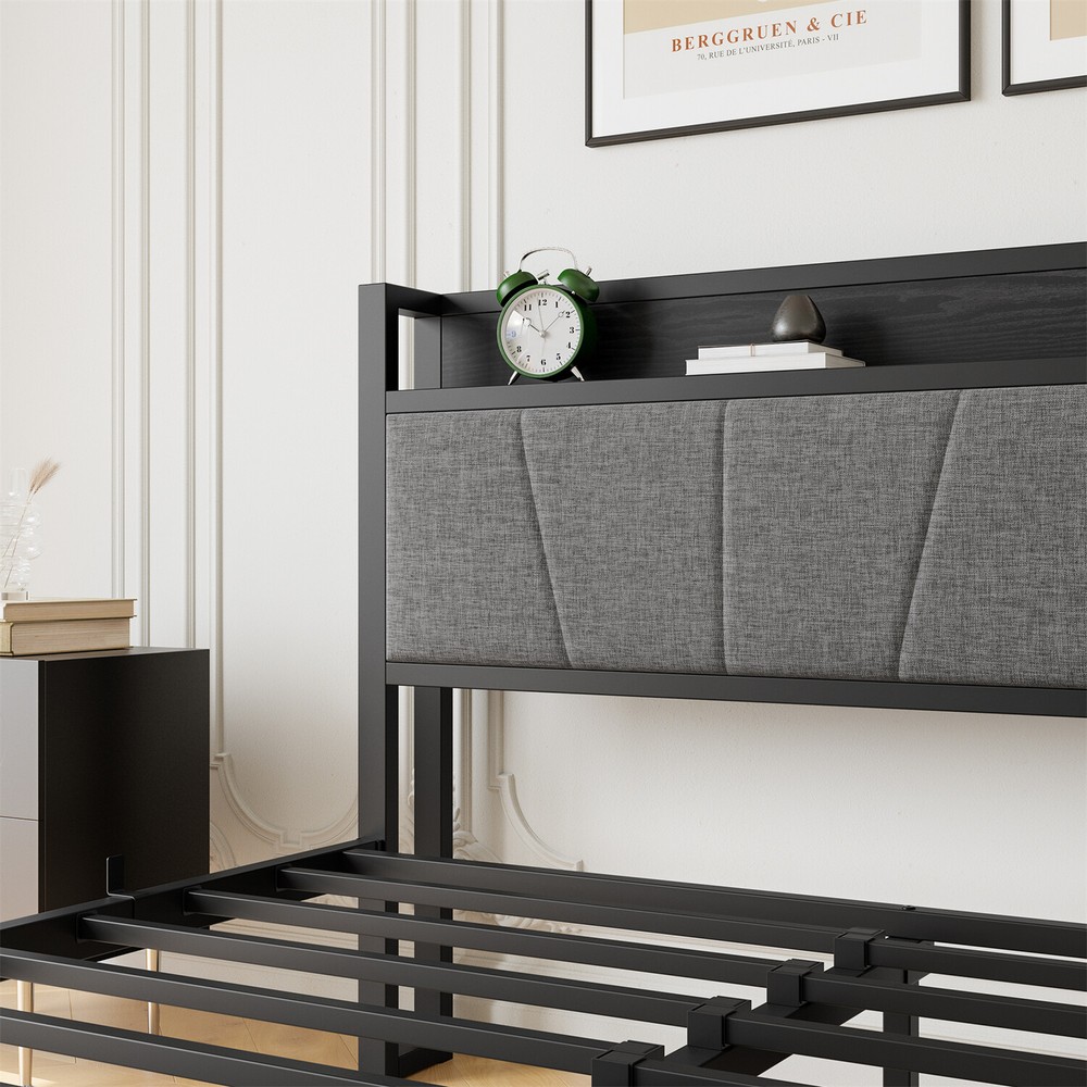 Queen Size Bed Frame Metal Platform Bed w/ Storage Headboard & Charging Station